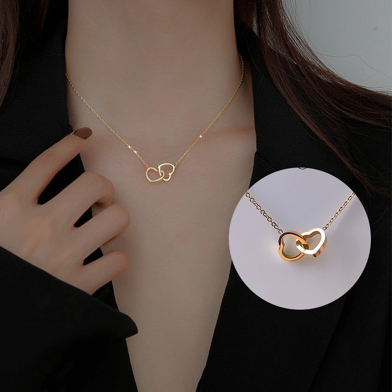 URPUHUZA  Custom Name Necklace Personalized Doulble Heart Necklace with 18k Gold Plated Fashion Necklace for Women Girls Necklaces Women's Pendant Necklaces with Nice Forver Rose Flower gift Box Necklaces