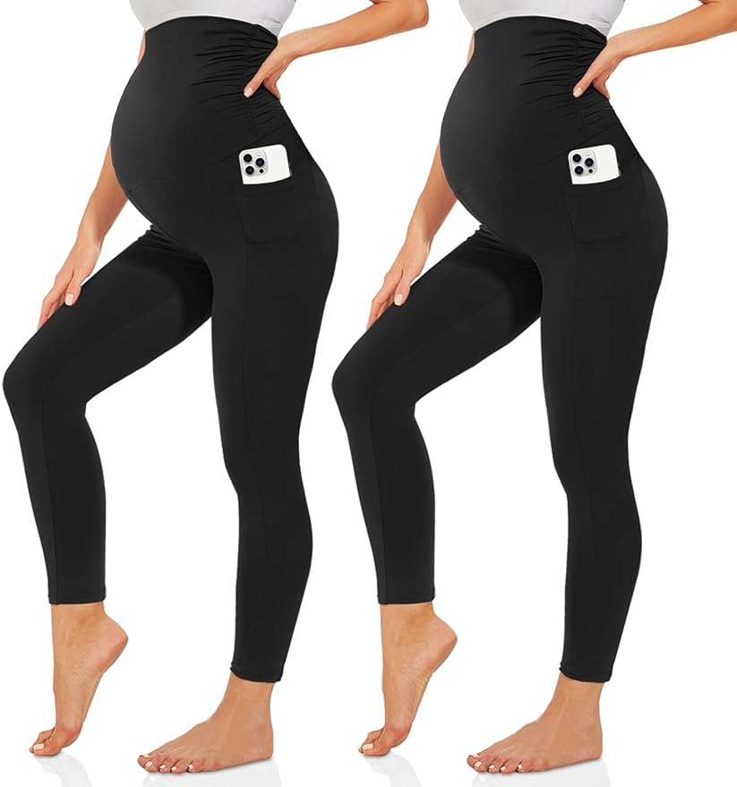 Happy.angel 2 Pack Maternity Leggings with Pockets Over The Belly, Womens Black Workout Yoga Pregnancy Pants