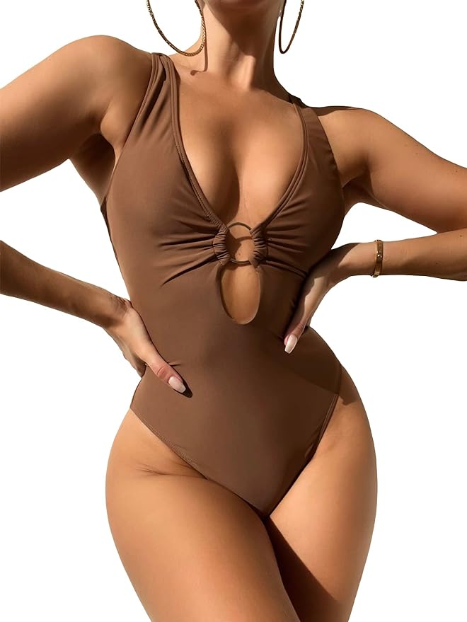 MakeMeChic Women's Twist Back Cut Out Ring Plunge Neck One Piece Swimsuit Bathing Suit