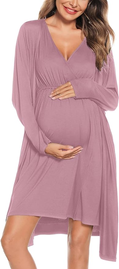 SWOMOG Women Maternity Nursing Gown and Robe Set 3 in 1 Labor Delivery Nursing Nightgown for Breastfeeding Hospital Bathrobe