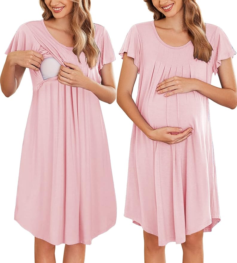 Ekouaer 3 in 1 Maternity Nursing Nightgown Labor/Delivery Hospital Gown Flare Sleeve Pleated Breastfeeding Dress