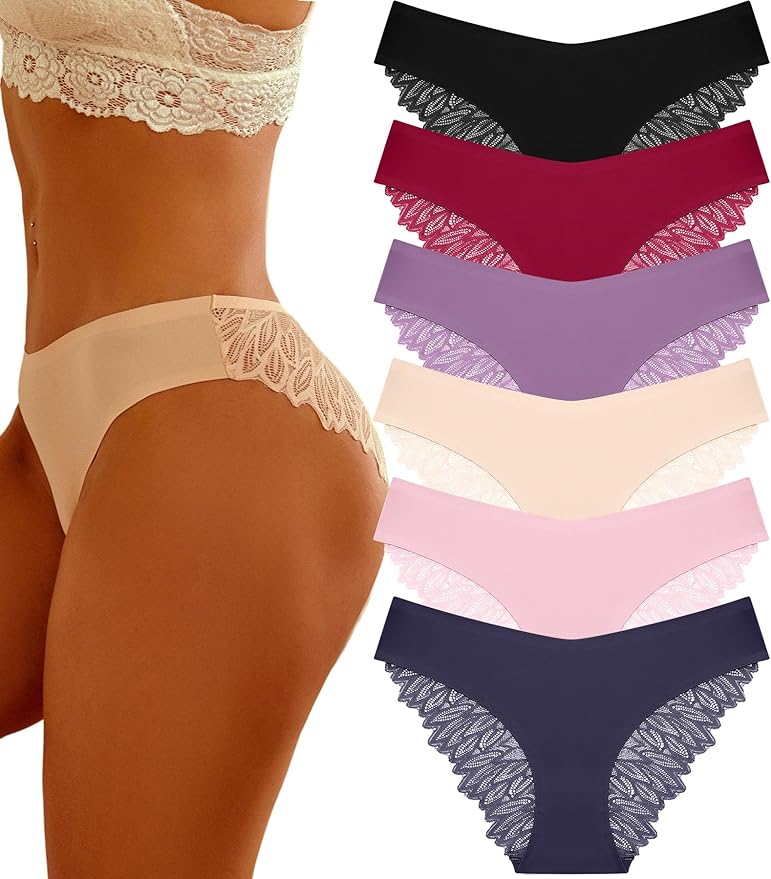 FINETOO 6 Pack Sexy Underwear for Women Silky Seamless No Show Panties Ladies Lace Bikini Lightweight Cheeky Hipster