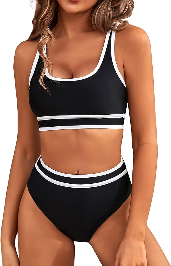 BMJL Women's High Waisted Bikini Sets Sporty Two Piece Swimsuits Color Block Cheeky High Cut Bathing Suits