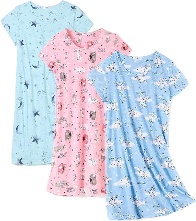 FEREMO 3 Pack Nightgowns for Women Soft Cotton Short Sleeve Night Shirts Womens Print Sleep Shirts Sleepwear