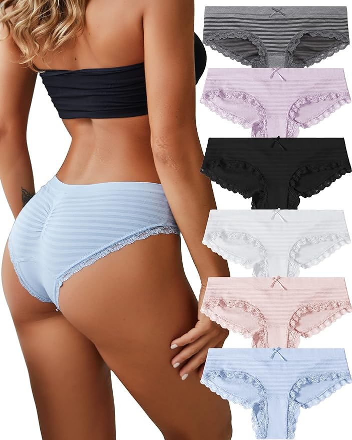 Cheeky Underwear for Women Sexy Panties No Show Stretchy with Cute Lace Seamless Breathable Underwear Women Pack of 6 S-2XL