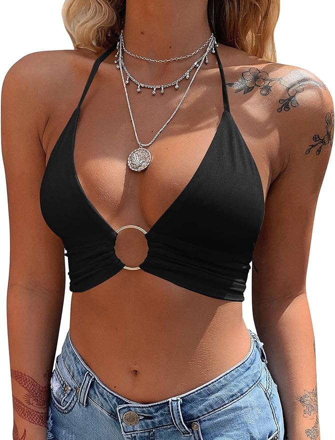 Mizoci Women's Sexy Summer Sleeveless Halter Deep V Neck Crop Top Tie Up Backless Cami