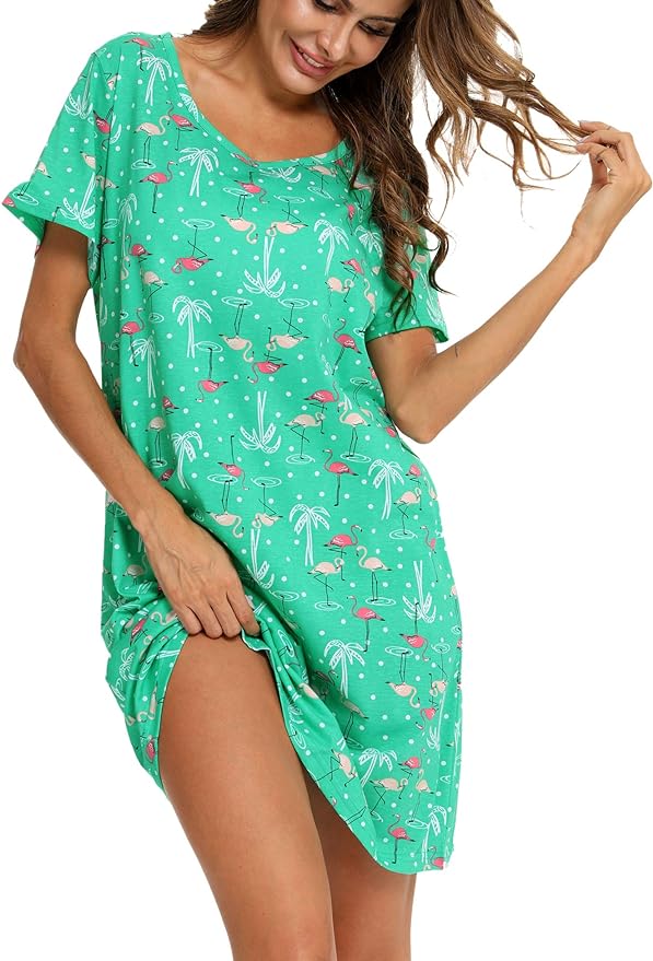 ENJOYNIGHT Womens Nightgowns Cotton Sleepwear Plus Size Sleep Shirt Short Sleeve Nightshirt Print Sleepshirt