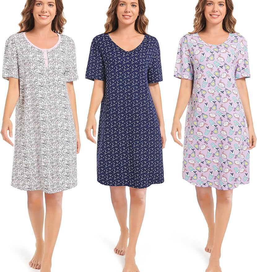 3 Pack Sleepshirts Women's Nightshirt Soft Nightgowns for Women Short Sleeve dress Sleepwear(S-3X)