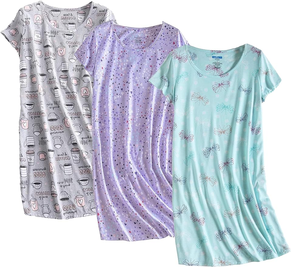 PNAEONG 3 Pack Women's Cotton Nightgown Sleepwear Short Sleeves Shirt Casual Print Sleepdress