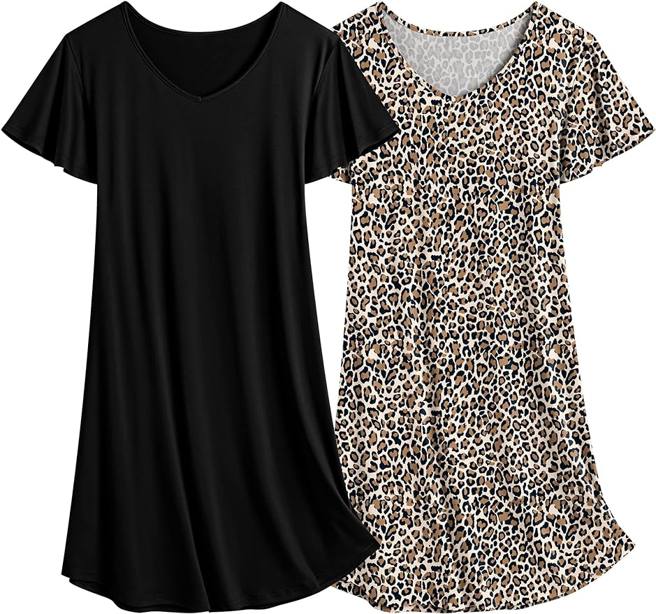 Ekouaer 2 Pack Nightgowns for Women Flare Short Sleeve Sleepshirt V Neck Sleepwear Plain/Floral Print Pajama Dress