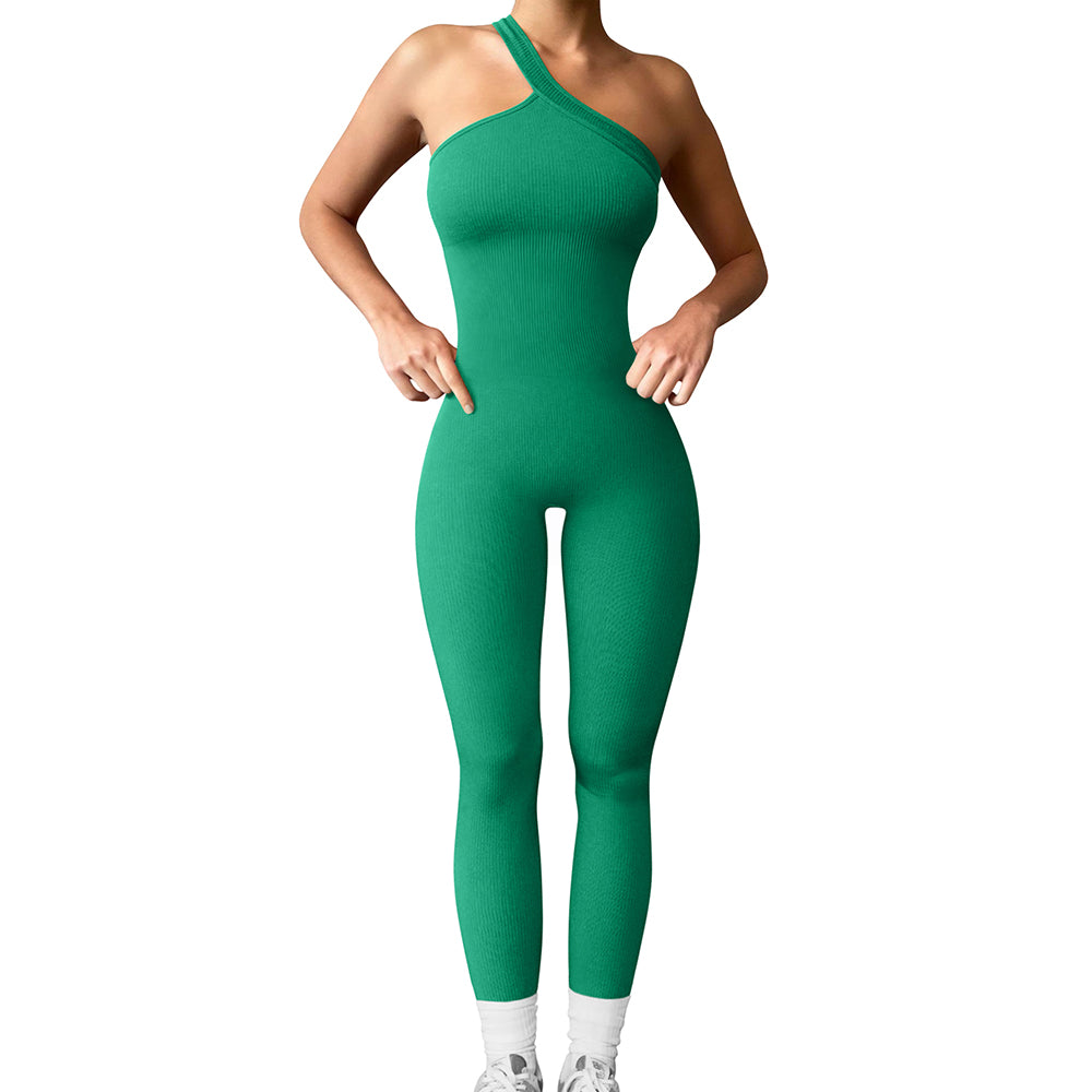 New Arrival Women Yoga Gym Jumpsuits Workout Ribbed One Shoulder One Piece3