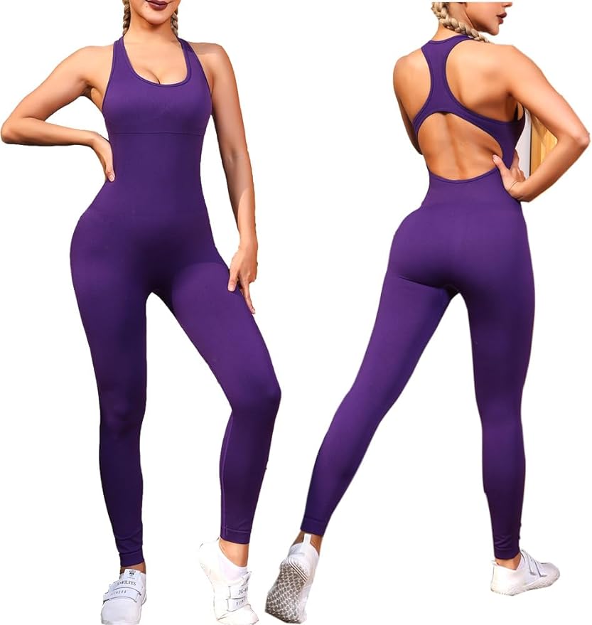 URPUHUZA Women's Jumpsuits Purple with Ribbed Sleeveless Yoga Romper for Exercise and Yoga wear Jumpsuits